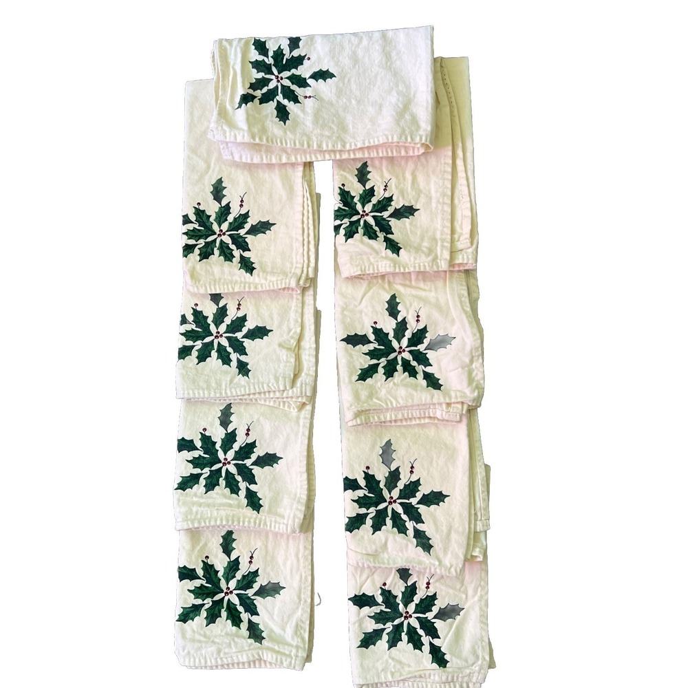 Christmas Vintage Napkins Fabric Linens Holly‎ Cream Beige 17 x19" Set 9